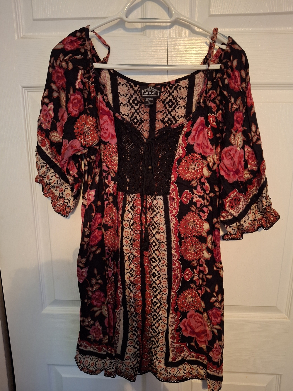ANGIE Black Floral Bohemian Peasant Top - Pink & Red Floral